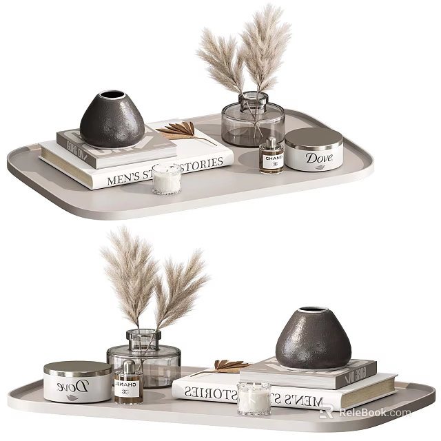 Decorative Ornament Set With Tray Books Vase Pampas Grass And Candle 3d model 