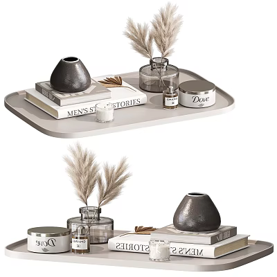Decorative Ornament Set With Tray Books Vase Pampas Grass And Candle 3d model