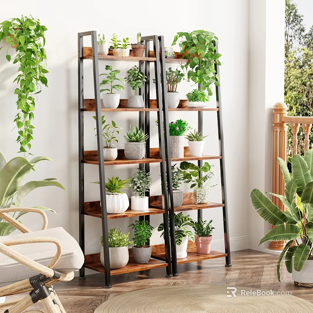 Multi tiered Metal and Wooden Flower Stand Holding Various Potted Plants Indoors 3d model 