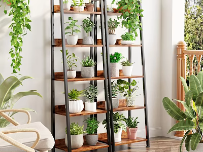 Multi tiered Metal and Wooden Flower Stand Holding Various Potted Plants Indoors 3d model