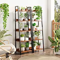 Multi tiered Metal and Wooden Flower Stand Holding Various Potted Plants Indoors