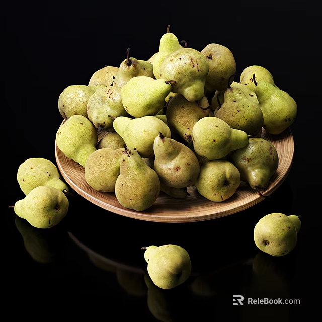 Fresh Green Pears in Wooden Plate with Some Scattered Around Black Background 3d model 