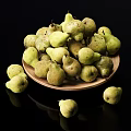 Fresh Green Pears in Wooden Plate with Some Scattered Around Black Background
