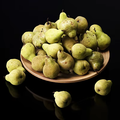 Fresh Green Pears in Wooden Plate with Some Scattered Around Black Background 3d model