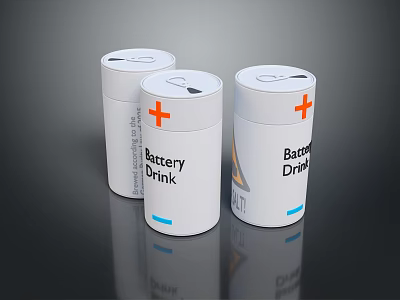 Battery Drink Three White Cylindrical Cans With Orange Cross Logo 3d model