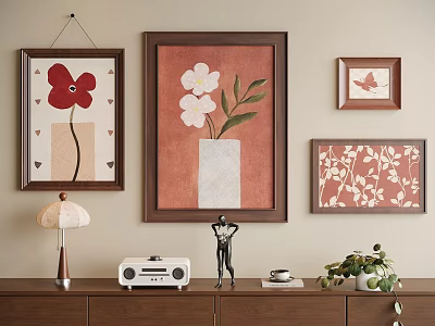 Framed Plant Paintings Wall Decor In Living Room With Vase Flowers And Leaves 3d model