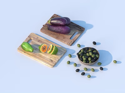 Fresh Colorful Sliced Papaya And Olives On Wooden Cutting Boards With Bowl And Scattered Fruits 3d model