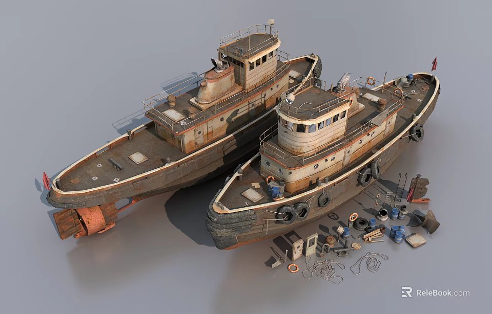 Two Old Rusty Tugboats With Parts Tools And Mechanical Equipment 3d model 