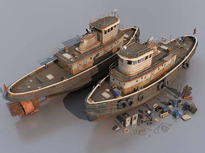 Two Old Rusty Tugboats With Parts Tools And Mechanical Equipment 3d model