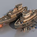 Two Old Rusty Tugboats With Parts Tools And Mechanical Equipment