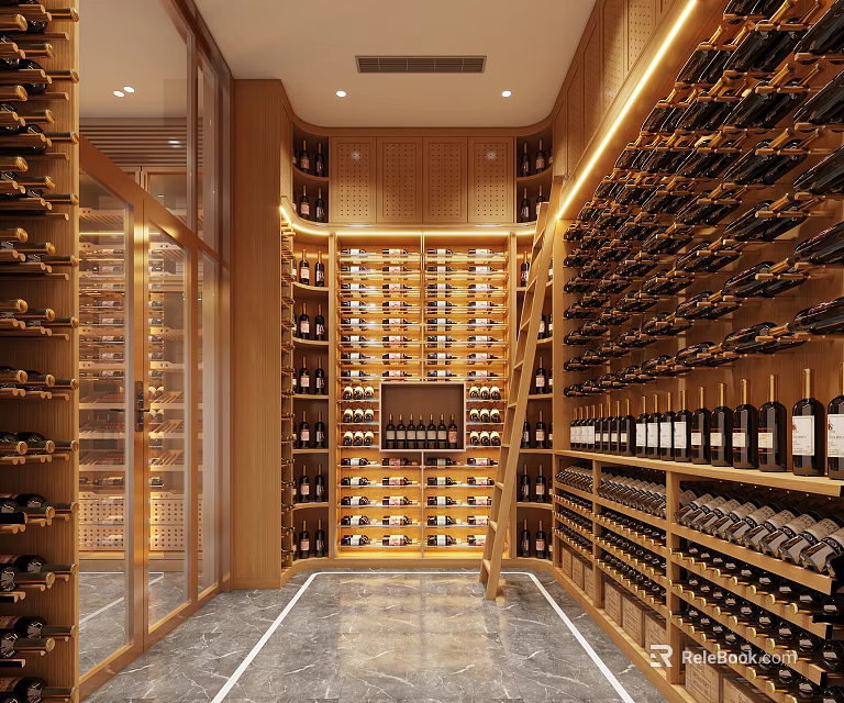 Elegant Wine Cellar Interior Design With Wooden Racks Numerous Bottles And Soft Lighting 3d model 