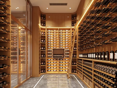Elegant Wine Cellar Interior Design With Wooden Racks Numerous Bottles And Soft Lighting 3d model