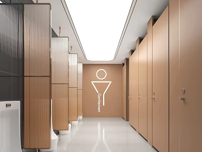 Modern Public Restroom Interior With Clean Stalls Clear Signs And Bright Ceiling 3d model