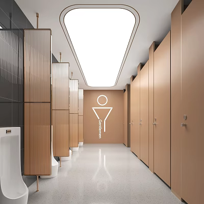 Modern Public Restroom Interior With Clean Stalls Clear Signs And Bright Ceiling 3d model
