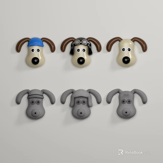 Cute Dog Head Wall Decor With Blue Hat Glasses Beige And Gray Striped Styles 3d model 