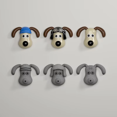 Cute Dog Head Wall Decor With Blue Hat Glasses Beige And Gray Striped Styles 3d model