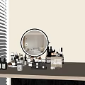Elegant Perfume Cosmetics Display On Vanity Table With Round Mirror And Skincare Bottles