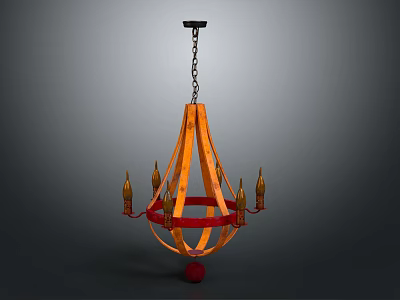 Wooden Chandelier With Red Decorative Ring And Candle Shaped Arms Hanging Chain 3d model
