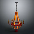 Wooden Chandelier With Red Decorative Ring And Candle Shaped Arms Hanging Chain