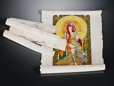 Artistic Scroll Painting Featuring Female Figure With Halo And Unfolded Sketches 3d model