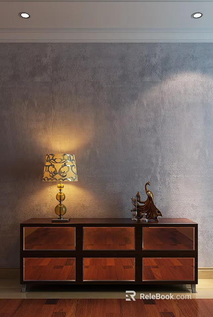 Wooden TV Stand With Patterned Lamp And Decorative Sculpture On Gray Wall 3d model 