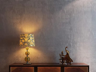 Wooden TV Stand With Patterned Lamp And Decorative Sculpture On Gray Wall 3d model