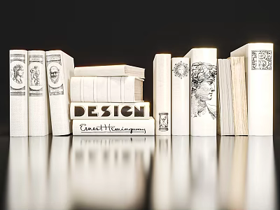 Decorative Book Ornament Set With Design Concept Planning Artistic Spines On Reflective Surface 3d model