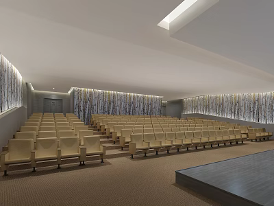 Modern Conference Room Interior Design With Rows Of Beige Seats Front Stage And Decorative Walls 3d model