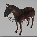 Brown Horse With Silver Mask And Red Saddle Standing In White Setting