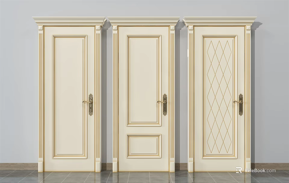 Cream Colored Swing Doors With Decorative Frames And Various Panel Designs 3d model