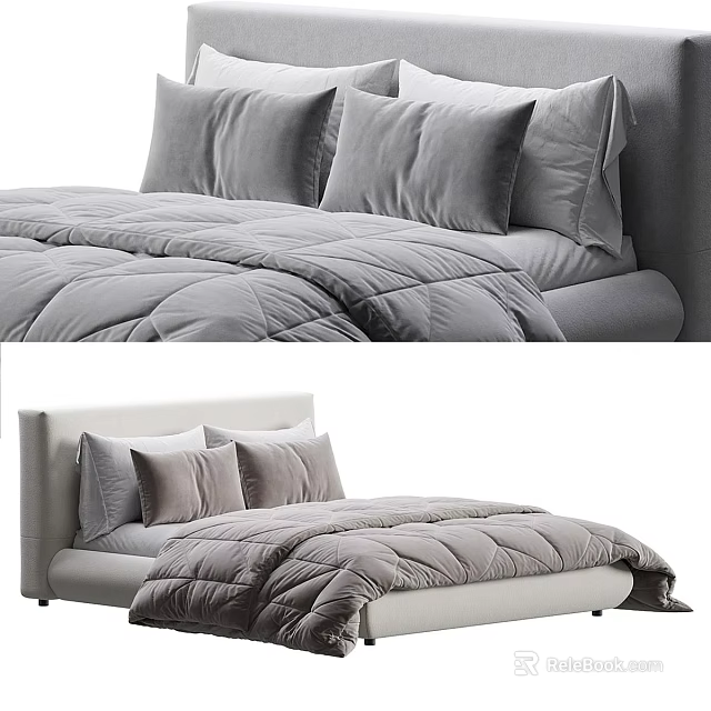 Modern Double Bed With Gray Quilt Soft Pillows And White Headboard 3d model