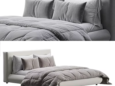 Modern Double Bed With Gray Quilt Soft Pillows And White Headboard 3d model