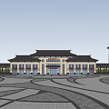 Traditional Chinese Style Tourist Center With Open Plaza Greenery And Visitors Walking Around