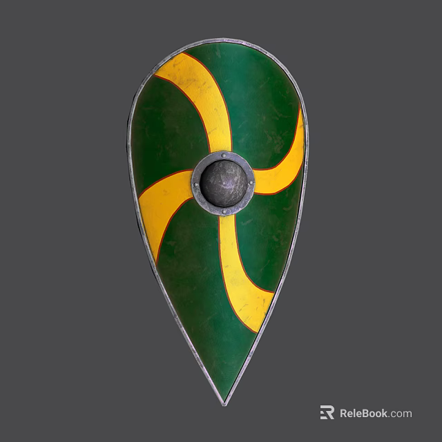 Green and Yellow Pointed Shield with Metal Boss and Decorative Swirls 3d model 