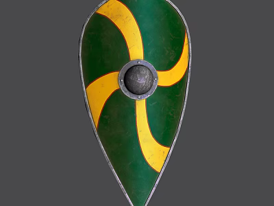 Green and Yellow Pointed Shield with Metal Boss and Decorative Swirls 3d model