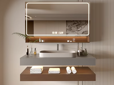 Modern Bathroom Cabinet Frame With LED Mirror White Basin Folded Towels And Toiletries 3d model