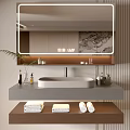 Modern Bathroom Cabinet Frame With LED Mirror White Basin Folded Towels And Toiletries
