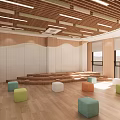 School Classroom Interior Design With Wooden Walls Colorful Stools Green Blackboard And Multimedia Screen