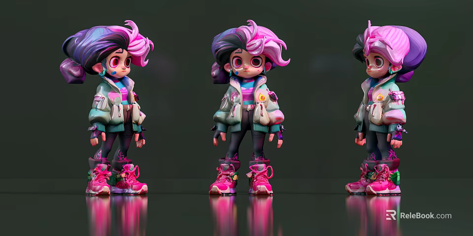 Game And Movie Character With Pink Purple Hair In Cartoon Style Jacket And Pink Boots 3d model 