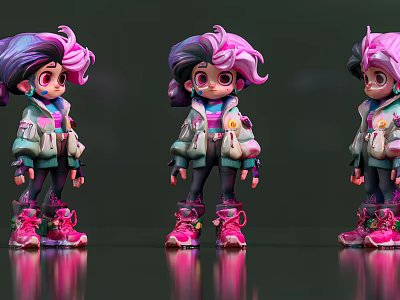 Game And Movie Character With Pink Purple Hair In Cartoon Style Jacket And Pink Boots 3d model
