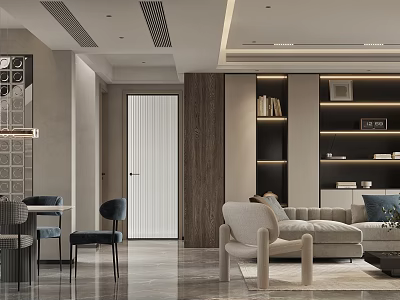 Modern Living Dining Room Interior Design With Comfortable Sofa Chairs And Bookshelves 3d model