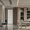 Modern Living Dining Room Interior Design With Comfortable Sofa Chairs And Bookshelves