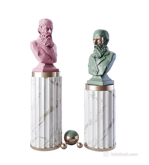 Pink And Green Bust Sculptures On Marble Pedestals With Gold Accents And Small Green Sphere 3d model 