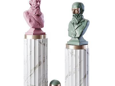 Pink And Green Bust Sculptures On Marble Pedestals With Gold Accents And Small Green Sphere 3d model
