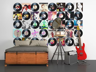 Vintage Vinyl Records Wall Decor Featuring Gramophone Red Guitar and Sofa Bed 3d model