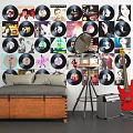 Vintage Vinyl Records Wall Decor Featuring Gramophone Red Guitar and Sofa Bed