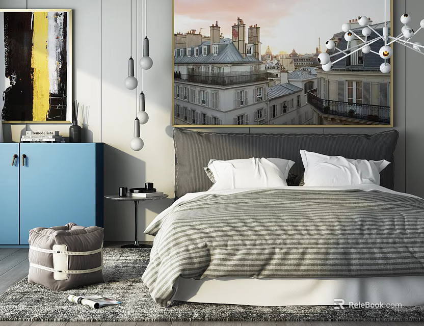 Double Bed In Modern Bedroom With Striped Bedding Paris Rooftop Art And Pendant Lights 3d model 