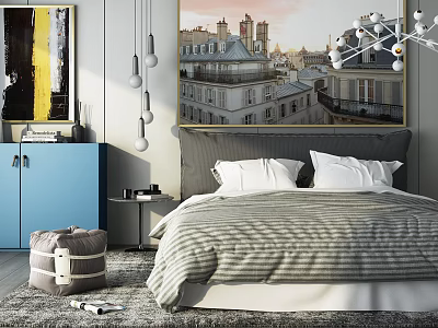 Double Bed In Modern Bedroom With Striped Bedding Paris Rooftop Art And Pendant Lights 3d model