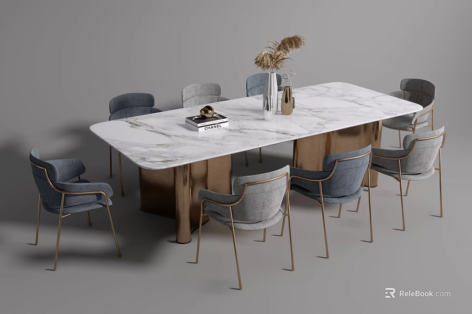 Modern Dining Table Set With Marble Tabletop Gray Chairs Golden Legs And Table Decorations 3d model