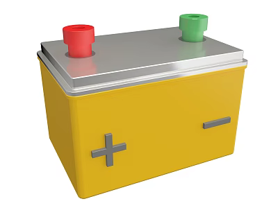 Automotive Car Battery With Yellow Case Silver Top Cover Red Green Terminals And Positive Sign 3d model